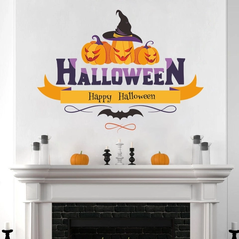 Halloween Pumpkin Witch Hat Bat Removable PVC Wall Stickers Happy Halloween Quote Decal Festive Home Decoration