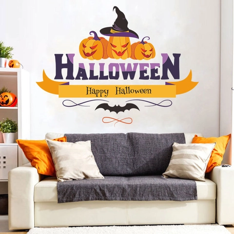 Halloween Pumpkin Witch Hat Bat Removable PVC Wall Stickers Happy Halloween Quote Decal Festive Home Decoration