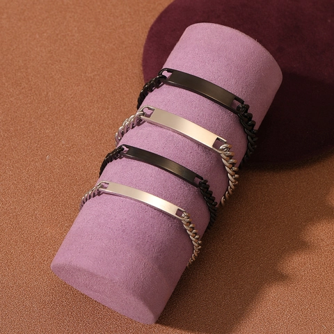 Stainless Steel Cuban Link ID Bracelet For Women Men Minimalist Blank Rectangular Bar Plate Curb Chain Jewelry Accessories