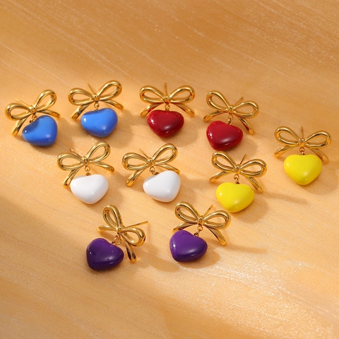 Fashion Stainless Steel Bowknot Heart Stud Earrings Gold Plated Enamel Drip Oil Colorful Heart Drop Earrings For Women Jewelry