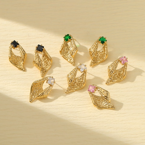 Vintage Conch Geometric Stainless Steel Zirconia Earrings Gold Silver Plated Luxury Hammered Stud Earrings Women Jewelry
