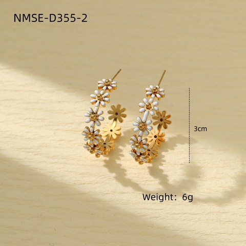 Edelstahl Gänseblümchen Blume C-Form Ohrringe 18K Vergoldet Weiß Emaille Floral Mode Schmuck Für Damen