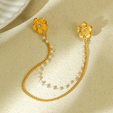 Spilla da Colletto in Acciaio Inossidabile a Forma di Fiore Con Catene in Metallo e Künstliche Perle Sintetiche con Strass per Camicia