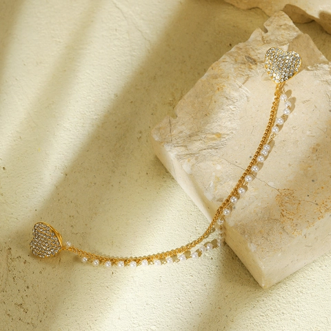 Pasador de Cuello de Acero Inoxidable con Forma de Corazón Doble Cadena Strass Perla Artificial Dorado Galvanizado Broche de Moda para Decoración de Camisa de Mujer