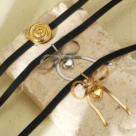 Fashion Bowknot Heart Stainless Steel Choker Necklace For Women 18K Gold Plated Hammered Spiral Pendant PU Leather Neckband