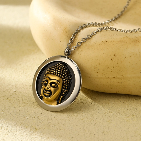 Vintage Stainless Steel Buddha Head Pendant Necklace For Women Retro Religious Two Tone Round Medallion Jewelry Necklaces
