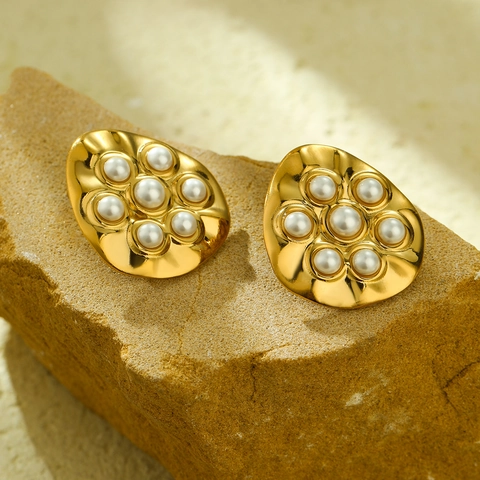 Vintage Irregular Round Stainless Steel Stud Earrings With 18K Gold Plating Artificial Pearl Inlaid Elegant Women Jewelry