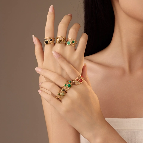 Anillo Abierto de Acero Inoxidable Chapado en Oro de 18K Vintage para Mujer Ajustable con Piedra Natural Joyería de Dedo