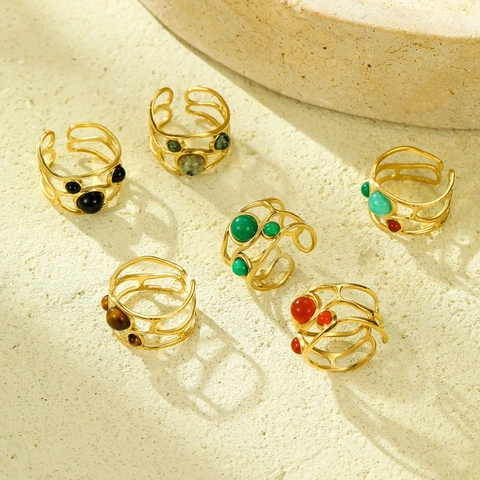 Anillo Abierto de Acero Inoxidable Chapado en Oro de 18K Vintage para Mujer Ajustable con Piedra Natural Joyería de Dedo