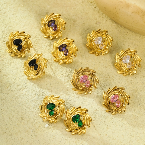 18K Gold Plated Stainless Steel Spiral Stud Earrings With Pear Cut Zirconia Water Drop Jewelry For Women