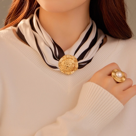 Minimalistische Edelstahl Rund Gehämmerte Schalschnalle Für Damen Gold Vergoldet Seidentuch Ring Dual Use Vintage Schmuck