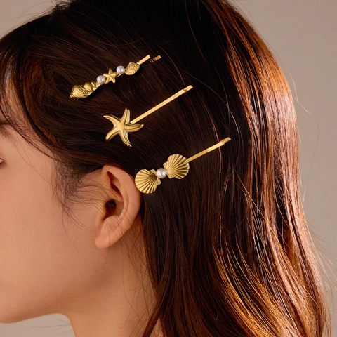 Pinza para el Cabello de Acero Inoxidable Concha Estrella de Mar Con Perlas Artificiales Diamantes Imitación Oro Accesorio Mujer