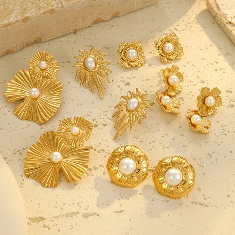 Pendientes de Pétalos de Flores de Acero Inoxidable Chapados en Oro de 18K Vintage para Mujer Pendientes de Perlas Artificiales