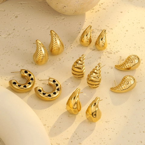 Pendientes Vintage de Acero Inoxidable Chapado en Oro 18K para Mujer Gota de Agua Texturizada Estrella Luna Strass Perlas Artificiales