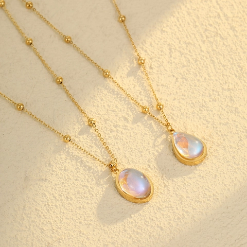 18K Gold Plated Stainless Steel Oval Teardrop Moonstone Pendant Satellite Chain Necklace For Women Fashion Jewelry Gift
