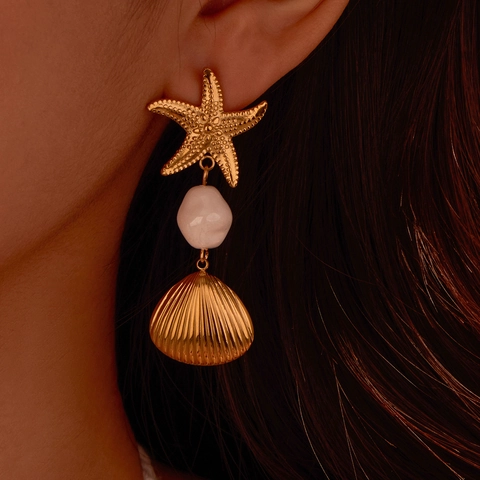 Stainless Steel Ocean Style Starfish Shell Conch Dangle Earrings For Women Summer Beach Vacation Gold Silver Plated Jewelry