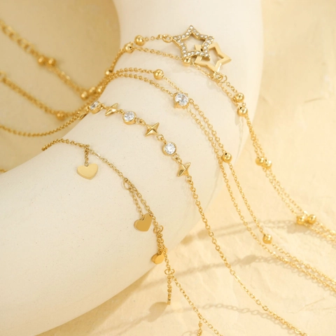 Sommer Edelstahl Mehrlagig Fußkettchen Gold Strass Stern Herz Anhänger Strand Urlaub Fußschmuck Für Damen