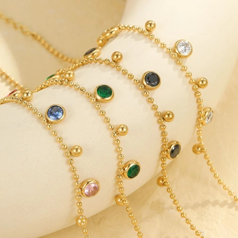 Stainless Steel Multi-layer Bead Chain Anklet For Women Gold Plated Colorful Rhinestone Bezel Set Round Pendant Adjustable Summer Beach Foot Jewelry