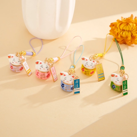 Handmade Ceramic Maneki-neko Lucky Cat Pendant For Phone Bag Charm With Woven Rope Flower Decor Japanese Style Gift Women