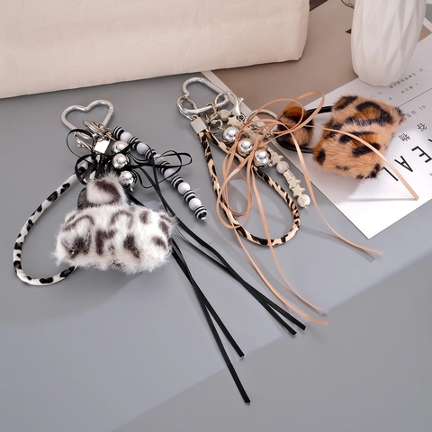 Leopard Print Plush Mini Bag Keychain Trendy Ribbon Bow Heart Buckle Bag Charm For Women Backpack Pendant Accessories