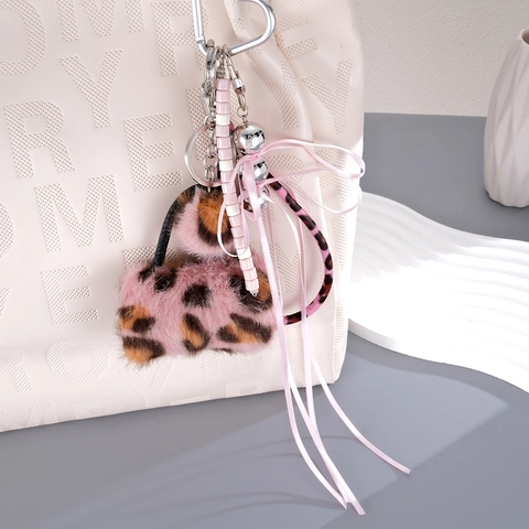 Leopard Print Plush Mini Bag Keychain Trendy Ribbon Bow Heart Buckle Bag Charm For Women Backpack Pendant Accessories
