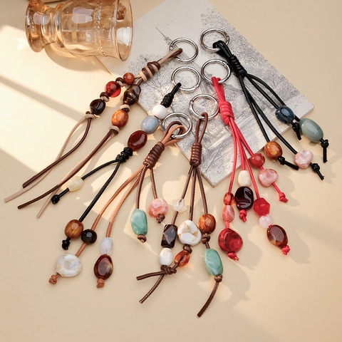 Vintage Handgewebter Nylonseil Taschenanhänger Bunte Harzperlen Telefon Schlüsselanhänger Handgefertigter Ethnastyle Schmuck Damen