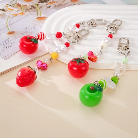 Korean Ins Handmade Beaded Fruit Phone Charm Strawberry Apple Tomato Bag Pendant Keychain For Women Pastoral Style Accessory