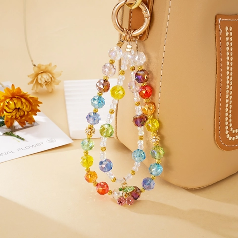 Creative Beaded Phone Strap Bag Charm Rose Flower Lion Dance Cherry Pendant Glass Beads Colorful Lanyard Keyring For Women