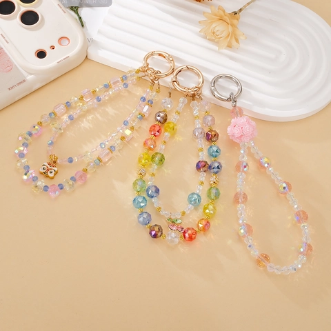 Creative Beaded Phone Strap Bag Charm Rose Flower Lion Dance Cherry Pendant Glass Beads Colorful Lanyard Keyring For Women