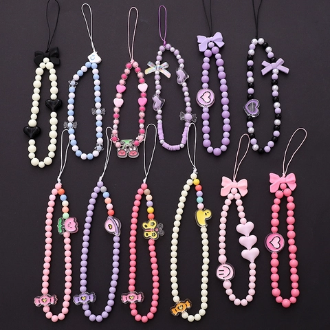 Handgefertigter Perlen Handyanhänger Acryl Schleife Herz Süßigkeiten Anhänger Fallschutz Kurzes Lanyard Handyhülle Deko Damen