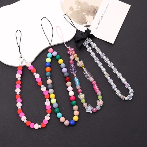 Acrylic Beaded Phone Chain Crystal Bow Heart Bear Alphabet Anti-lost Phone Wrist Strap Decoration For Women Phone Case