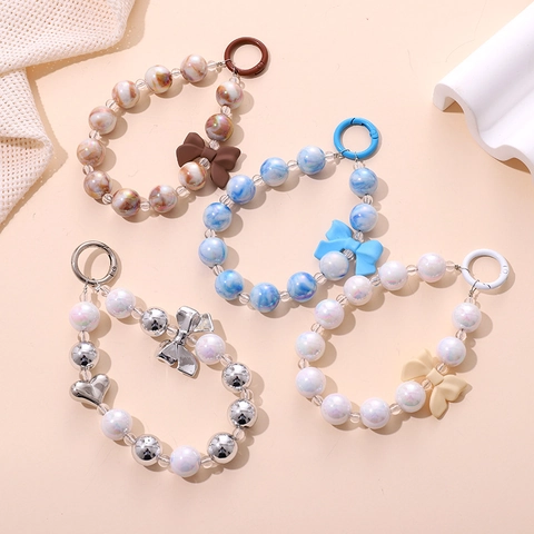 Kawaii Beaded Phone Charm Bowknot Heart Star Rabbit Acrylic Resin Bead Keychain For Women Girls Bag Decoration Accessories