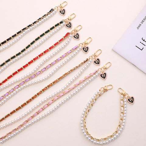 Elegant Artificial Pearl Leather Woven Phone Chain Heart Bow Charm For Women Bag Strap Keychain Anti-Lost Mobile Accessories