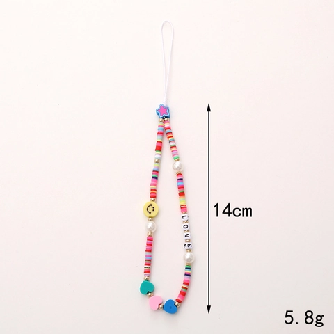 Handmade Colorful Beaded Phone Chain Smiley Face Polymer Clay Heart LOVE Letter Wrist Strap Anti-lost Lanyard Phone Charm