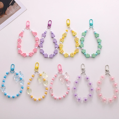 Zoete Bloem Kralen Sleutelhanger Telefoonbedel Esthetische Hart Strik Acryl Strap Tas Hanger Accessoire Voor Vrouwen Meisjes
