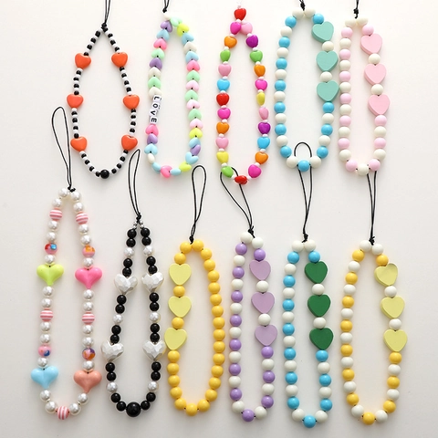 Handgefertigte Perlen Handykette Herzförmige Holzperlen Verlustschutz Handschlaufe Mobiltelefon Lanyard Für Damen Mode Accessoire