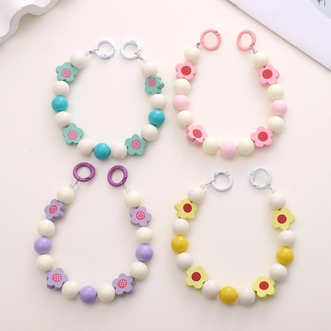 Handgefertigte Acryl Blume Perlen Handykette Süßer Pastoraler Stil Taschenanhänger Anti-Verlust Handgelenkband Für Damen Teenager Geschenk
