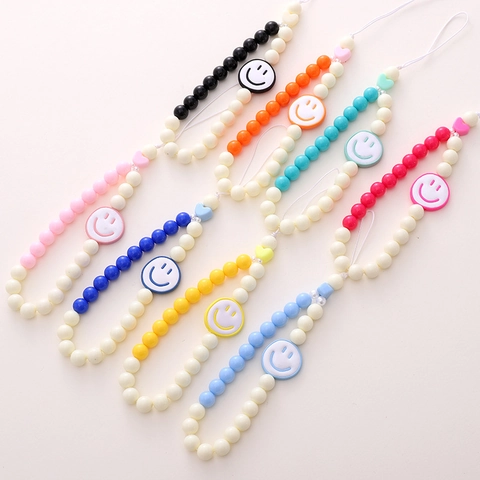 Acryl Perlen Handy-Gurt Lächelndes Gesicht Herz Anhänger Handgefertigt Buntes Lanyard Handyhülle Dekoration Damen Kinder Schmuck