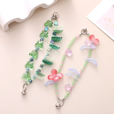 Handmade Beaded Phone Charm Bracelet With Magnetic Buckle Acrylic Butterfly Flower Leaf Phone Case Lanyard Chain For Women Accessories