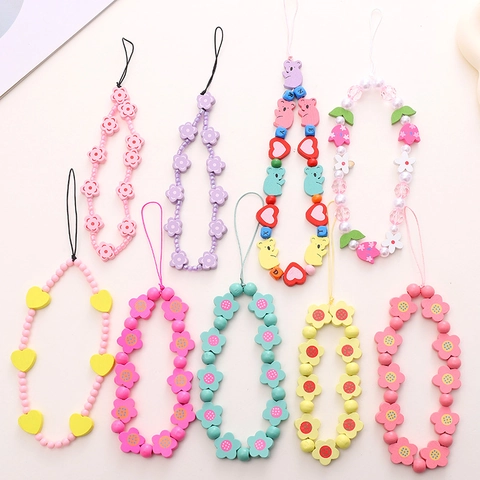 Handmade Wooden Beaded Mobile Phone Chain Flower Heart Charm Anti-Lost Wrist Strap Lanyard Phone Case Decor For Women