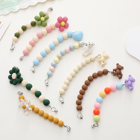 Pastoral Beaded Phone Strap Wristlet For Women Matte Acrylic Beads Flower Bear Heart Pattern Phone Case Hanging Chain Handbag Decor