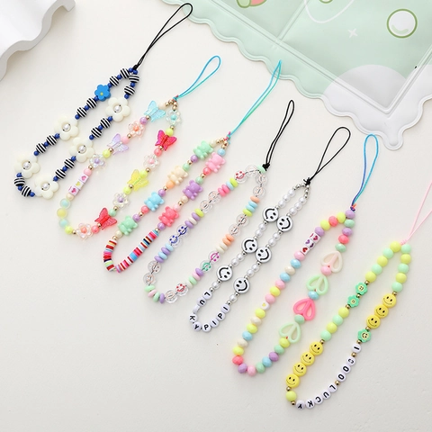 Colorful Beaded Phone Lanyard Cute Acrylic Bear Butterfly Heart Smiley Face Anti-Lost Wrist Strap Hand Chain For Women