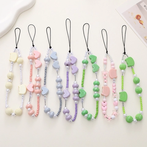 Acrylic Beaded Phone Strap Heart Cat Head Charm Pearlized Anti-lost Wrist Lanyard Kawaii Phone Case Decor For Women