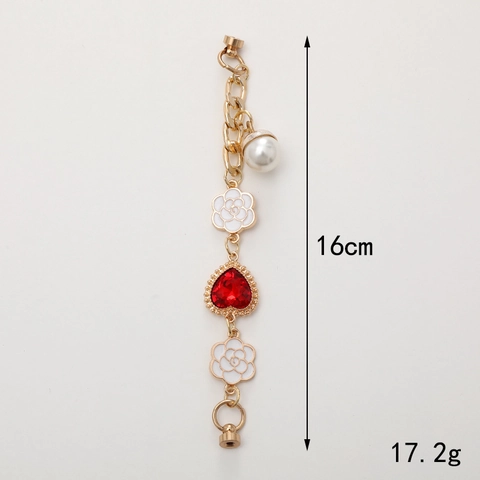Luxury Alloy Enamel Camellia Flower Heart Gemstone Phone Case Chain Wrist Strap Faux Artificial Pearl Decorative Mobile Hanging Strap For Women