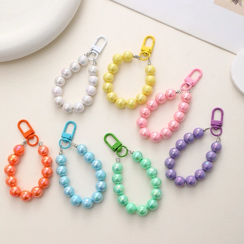 Iridescent Mermaid Beaded Keychain Candy Color Artificial Pearl Bag Charm For Earphone Case Handbag Decoration Women Girl Hanging Accessory