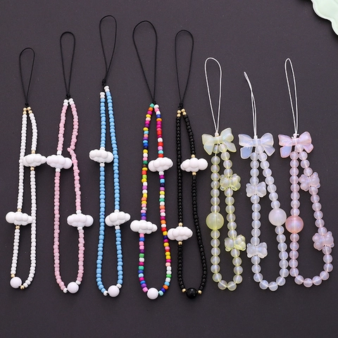 Cute Cloud Beaded Phone Charm Bear Bow Hand Wrist Strap Anti-Lost Keychain For Women Girls Mobile Phone Case Accessory