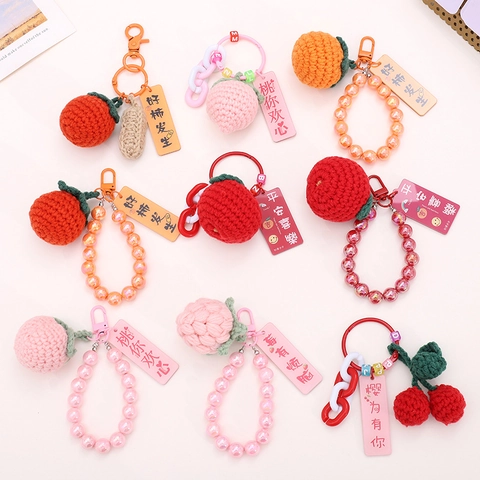 Handmade Crochet Fruit Keychain Persimmon Strawberry Peach Apple Cherry Pendant With Acrylic Beads Plastic Chain Cute Bag Charm For Women