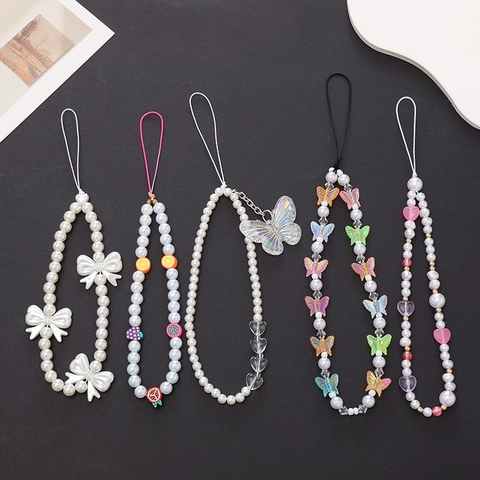 Cordón de Teléfono con Cuentas de Moda Mariposa Colorida Corazón Fruta Patrón Acrílico Perla Artificial Colgante Anti-Pérdida para Mujer