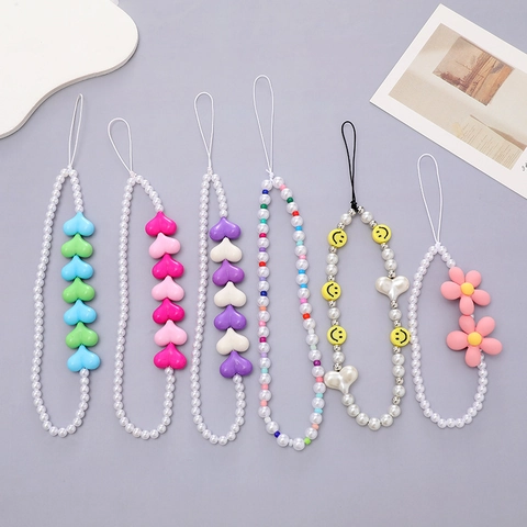 Acryl Perlen Handykette Mattierte Blume Herz Smiley Gesicht Künstliche Perle Strap Handyhülle Dekoration Armband