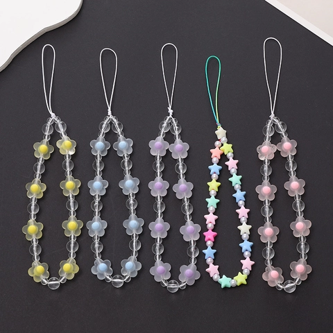 Acrylic Beaded Phone Strap With Frosted Flower And Pentagram Star Charms Sweet Candy Color Anti-Lost Wristlet Phone Chain